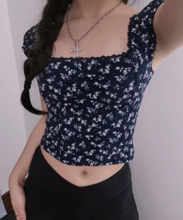 小海鸥纯欲蓝色碎花短袖方领泡泡袖芭蕾风荷叶边短款衬衫上衣女夏