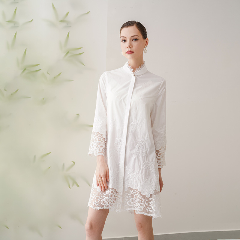 【古梵孜】箴言夏姿风高支棉拼真丝立领刺绣明星同款衬衣裙2437