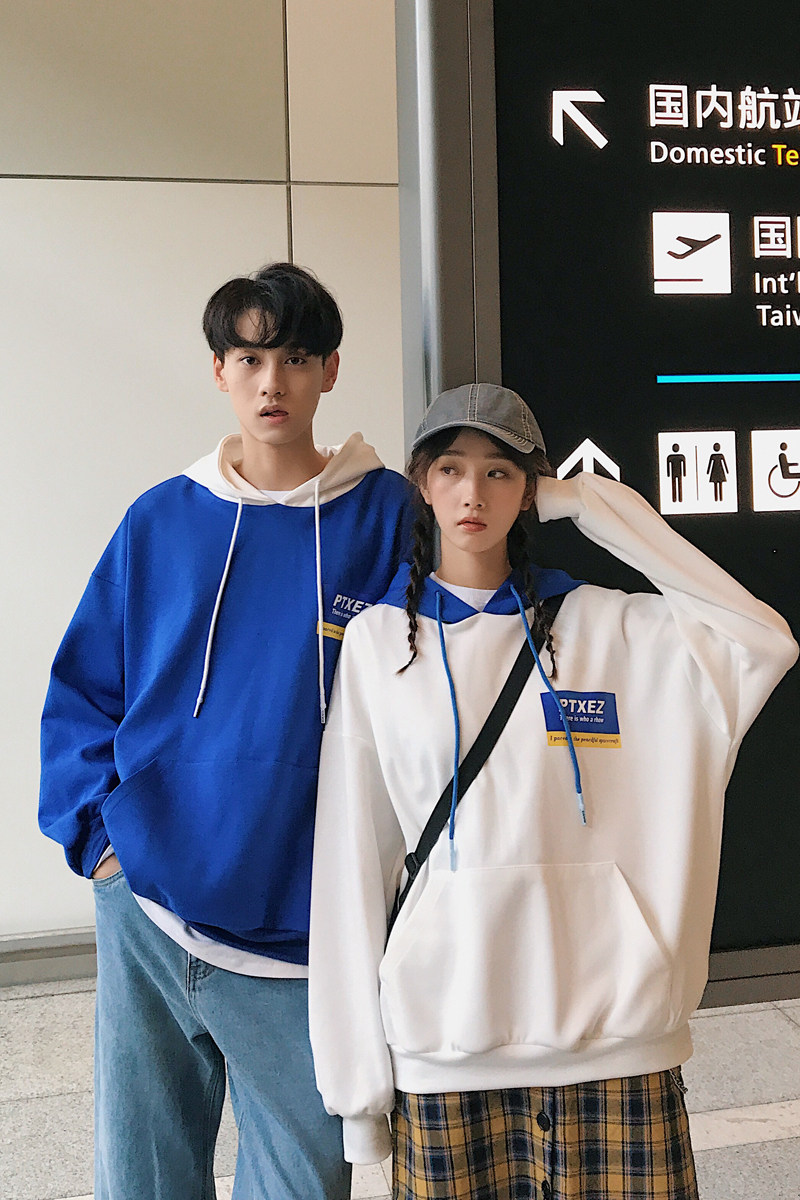 港仔风情侣装秋季新款宽松拼色连帽卫衣班服G661P68女类,男装卫衣,电商A339