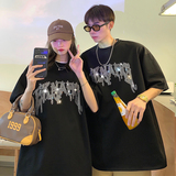 主推情侣装夏装字母烫钻高街宽松情侣短袖T恤大码G1011P38男类，男装T恤，电商A339