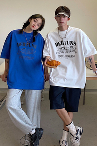 情侣装夏装 简约卡通印花情侣短袖T恤衫宽松上衣 G1012 P30女类图片