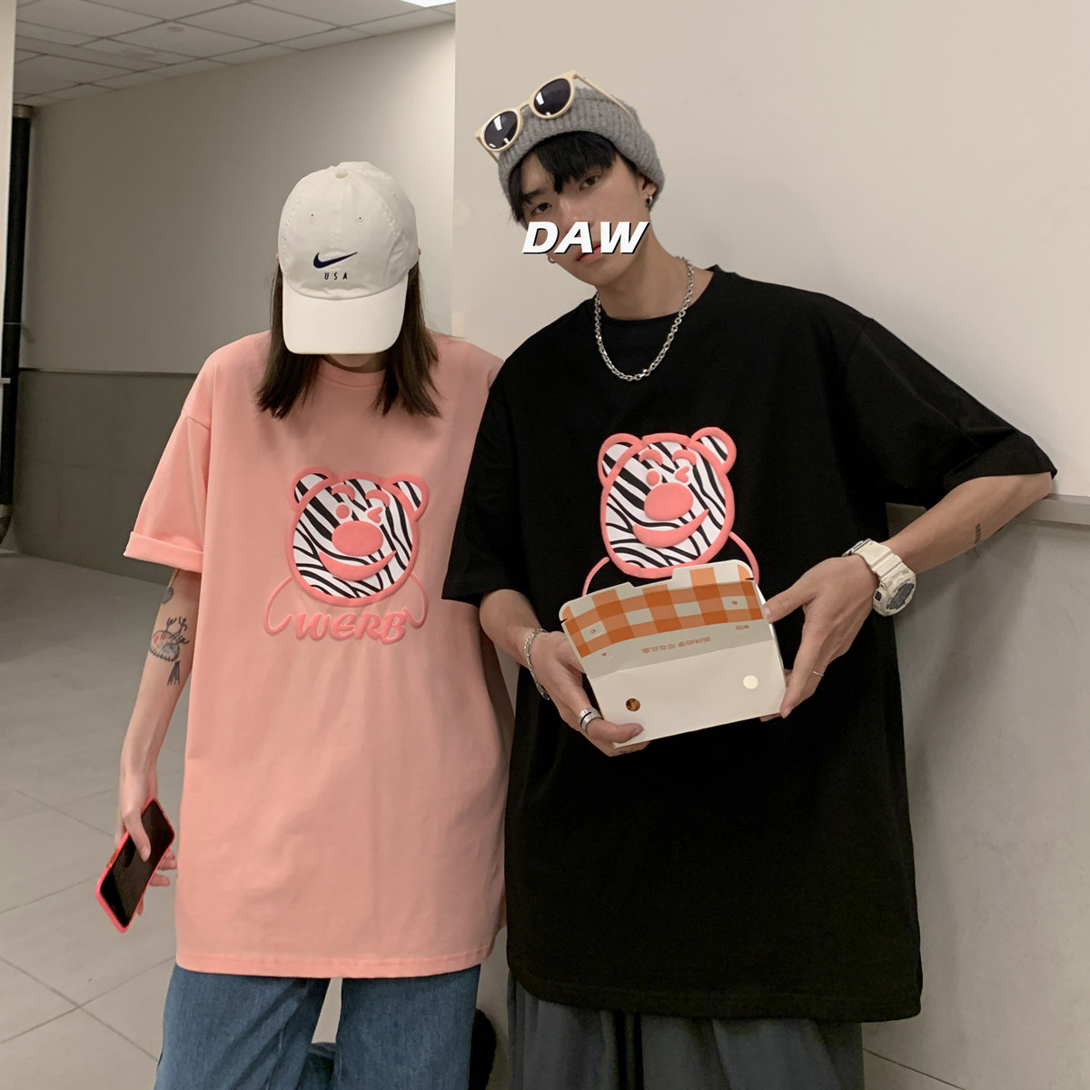 22情侣装夏装发泡小熊印花情侣T恤衫圆领大码上衣G921P35男类,男装T恤,电商A339