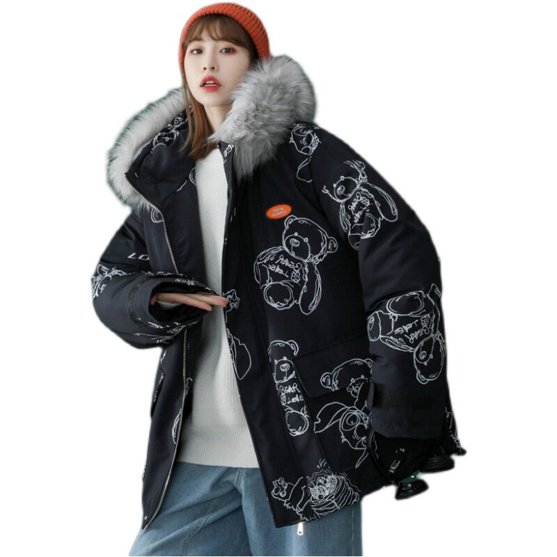 中性风冬装小熊满印棉衣情侣棉衣大毛领棉服男女G908P138,男装棉衣,电商A339