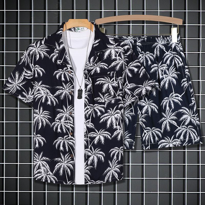 夏季男棉质短袖花衬衫套装夏威夷沙滩服宽松休闲两件套外穿五分裤