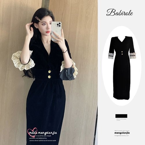 法式赫本风黑色丝绒连衣裙感收腰小黑裙高端轻奢小众礼服裙女