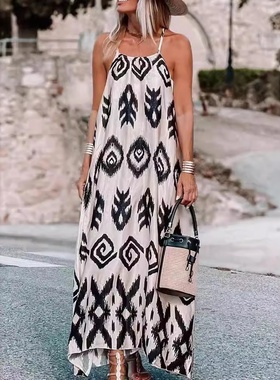 连衣裙2024夏季跨境女装新款欧美亚马逊速卖通印花吊带裙