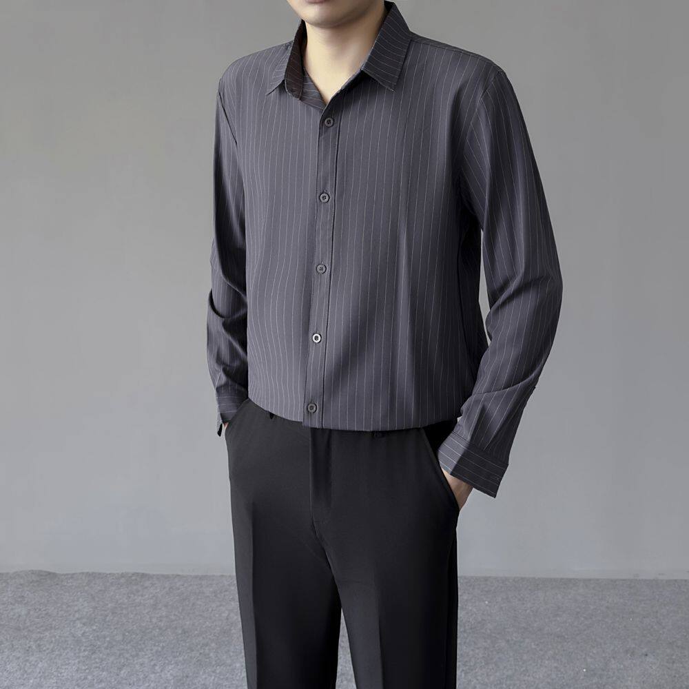 薄款长袖衬衫男宽松纯色休闲男生条纹长袖上衣春夏韩版潮流垂感衬