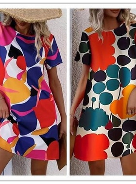连衣裙 2024夏季跨境女士新款欧美亚马逊速卖通印花短袖裙子