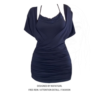 蕾丝吊带叠穿套装 辣妹v领收腰包臀连衣裙女夏季 美式 随心裁