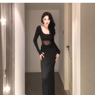 性感纯欲风蕾丝网纱长袖 连衣裙女秋冬高级感气质收腰包臀鱼尾长裙