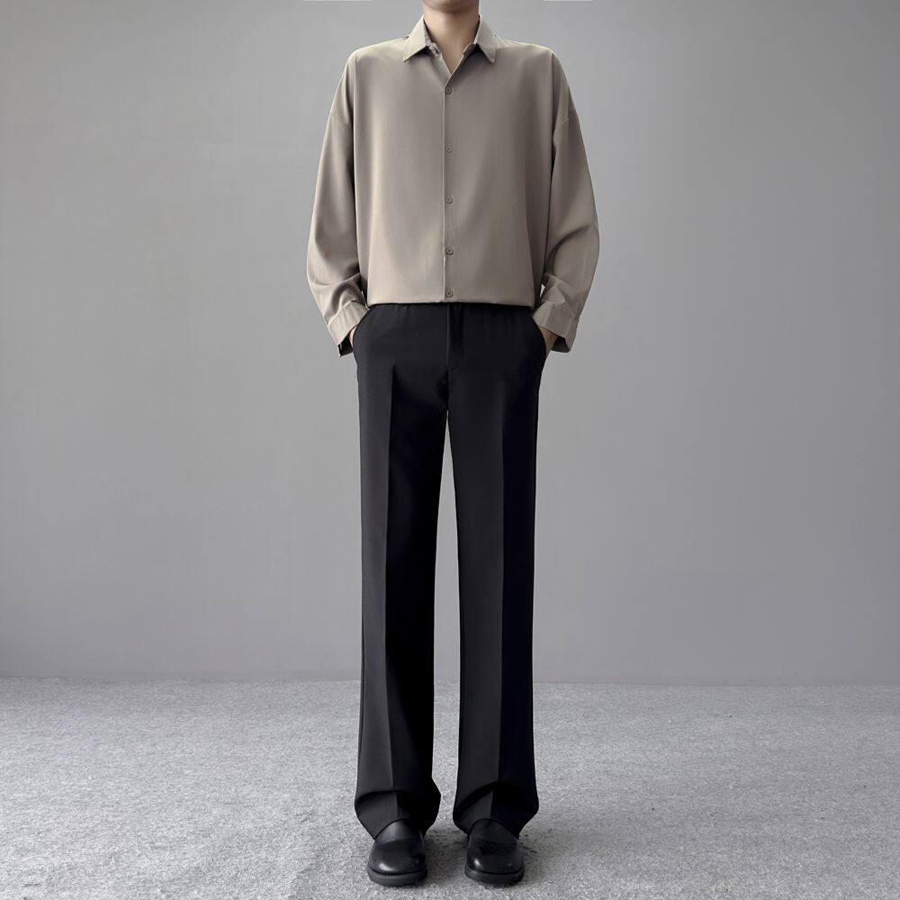 薄款长袖衬衫男宽松纯色休闲男生百搭长袖上衣春夏韩版潮流垂感衬