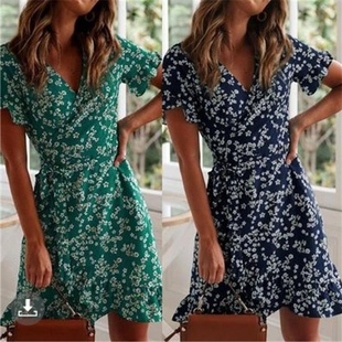 连衣裙跨境女装 wish亚马逊欧美印花V领系带碎花雪纺裙子 2022夏季