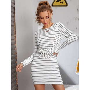 实拍现货跨境速卖通独立站欧美条纹紧身打结连衣裙