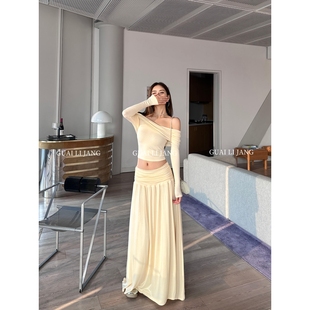 连衣裙气质修身 一字肩辣妹套装 露脐纯欲露肩长袖 套装 长裙 裙女秋季