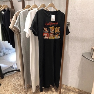 过膝长裙连衣裙2025 棉质卡通印花T恤裙懒人短袖 20252025夏装 新款