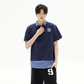 学院风假两件POLO衫 短袖 T恤百搭格纹拼接翻领情侣休闲宽松潮T上衣