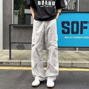 男夏季 日系潮牌休閑褲 褲 寬松闊腿傘兵休閑褲 男褶皺工裝
