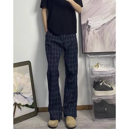 美式格子风深蓝色直筒裤男装百搭高街微喇休闲长裤时尚百搭松紧腰