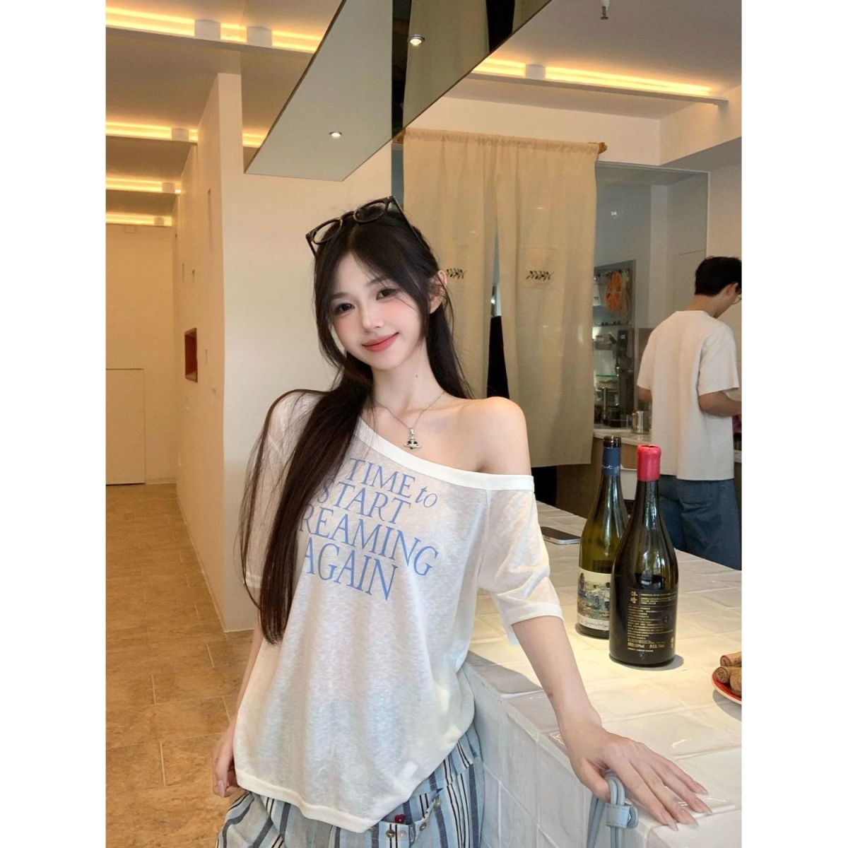 天丝罗纹  印花斜肩短袖T恤女夏季微透薄款防晒罩衫设计感上衣潮