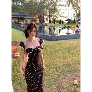 蕾丝小飞袖 收腰系带显瘦方领夏季 高级a字波点连衣裙 新款 2025法式