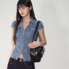韩系复古格子衬衫女掐腰修身显瘦短袖口袋收腰气质百搭衬衣上衣女