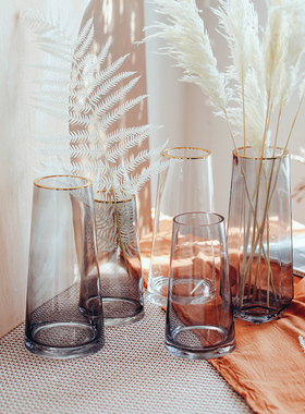 描金玻璃花瓶摆件轻奢北欧插花摆设 T型简约插干花的灰色金边花瓶