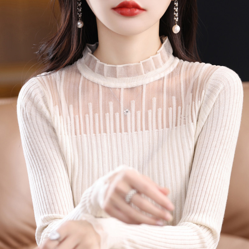 木耳边微透蕾丝半高领针织衫女薄款套头打底衫通勤风洋气长袖毛衣