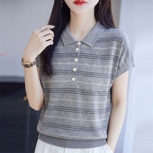 夏季条纹针织POLO衫女短袖减龄
