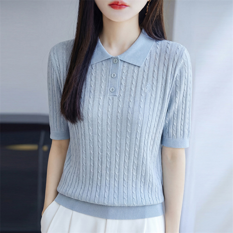 2026夏季新款刺绣POLO领短袖针织衫女麻花纹理翻领百搭打底衫上衣