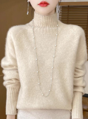 鄂尔多斯市红色半高领羊绒衫女时尚毛衣宽松针织衫洋气打底衫上衣