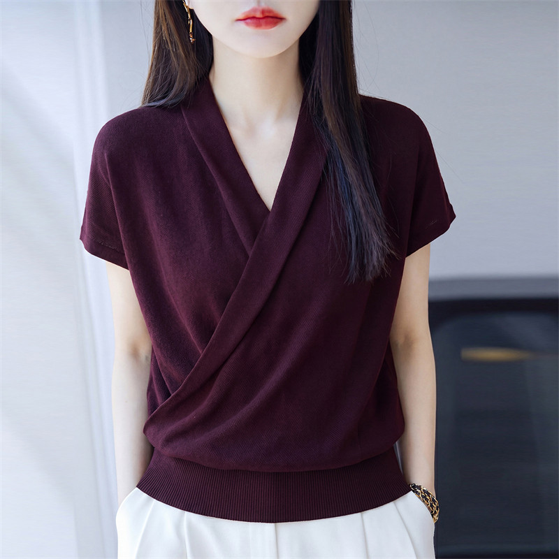 知性风桑蚕丝V领短袖针织衫女夏交叉设计感收腰高级感T恤上衣新款