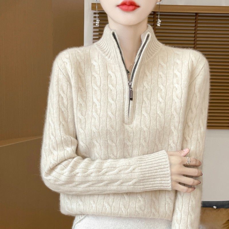 鄂尔多斯市半拉链羊绒衫立领毛衣女麻花纹宽松针织衫秋冬加厚打底