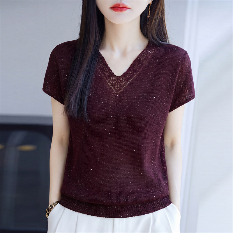 高端桑蚕丝V领短袖t恤针织衫女夏季薄款亮片洋气高级感百搭上衣