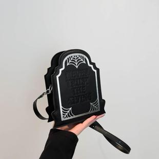 暗黑哥特风蜘蛛网墓碑造型包2025豹纹时尚潮流手机单肩斜挎小方包