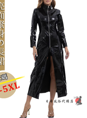 大码5XL胖MM亮面半高领长袖修身显瘦红黑色女拉链长款开叉连衣裙