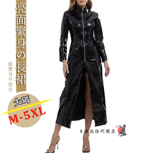 显瘦红黑色女拉链长款 修身 开叉连衣裙 5XL胖MM亮面半高领长袖 大码