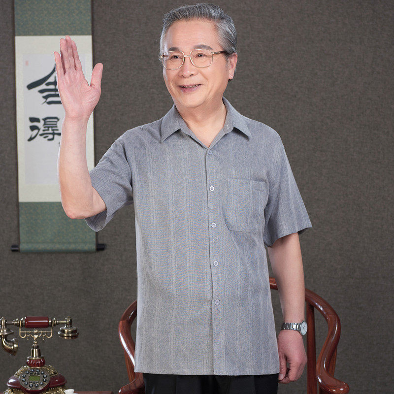 老人衬衫男短袖亚麻爷爷夏季衣服中老年衬衣棉麻男装老头衫爸爸装
