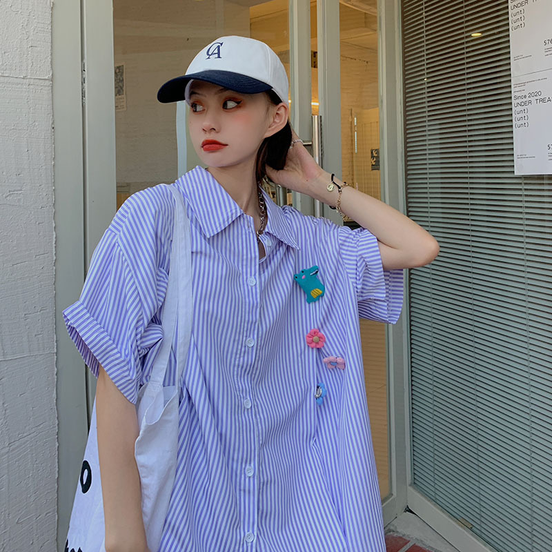 Real price 2021 summer new stripe loose doll flower decoration college style shirt
