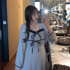 Real price new Korean square neck contrast lace up bow Bubble Sleeve Plaid Dress