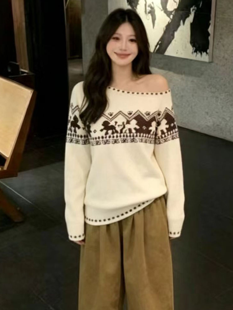 一字圆领新款气质长袖小个子女高级感显瘦宽松休闲内搭上衣潮印花