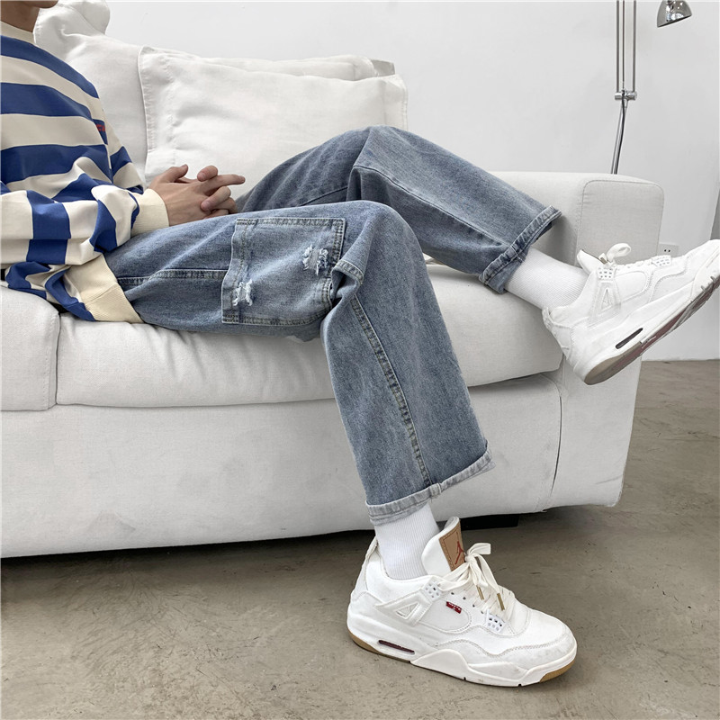 Loose fitting straight jeans men's fashion brand spring wide leg daddy pants Korean casual pants