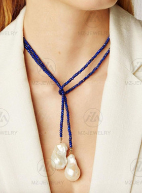 青金石珍珠项链时髦气质长毛衣链