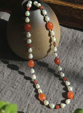 天然川料南红玛瑙珍珠项链耳环女