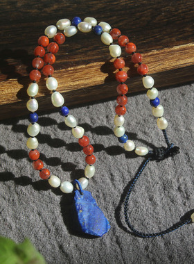 高端老矿青金原石吊坠项链复古川料南红玛瑙珍珠短款毛衣链锁骨链