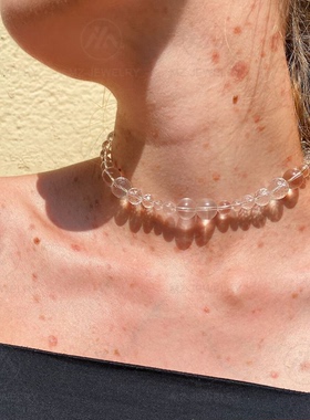 天然白水晶切面项链孔雀石锁骨链