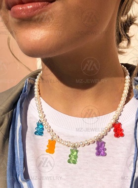 女彩色小熊软糖淡水珍珠项链时髦