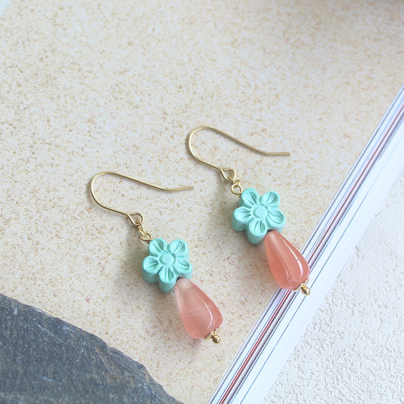 川料南红玛瑙蒙松绿松石花朵耳环