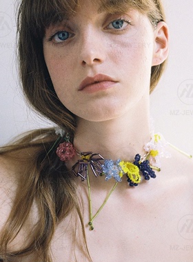 植物花卉水晶彩色925银时髦项链