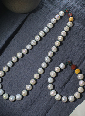 淡水老珍珠南红缅黄编绳项链优雅气质锁骨链套装手链复古宫廷风女