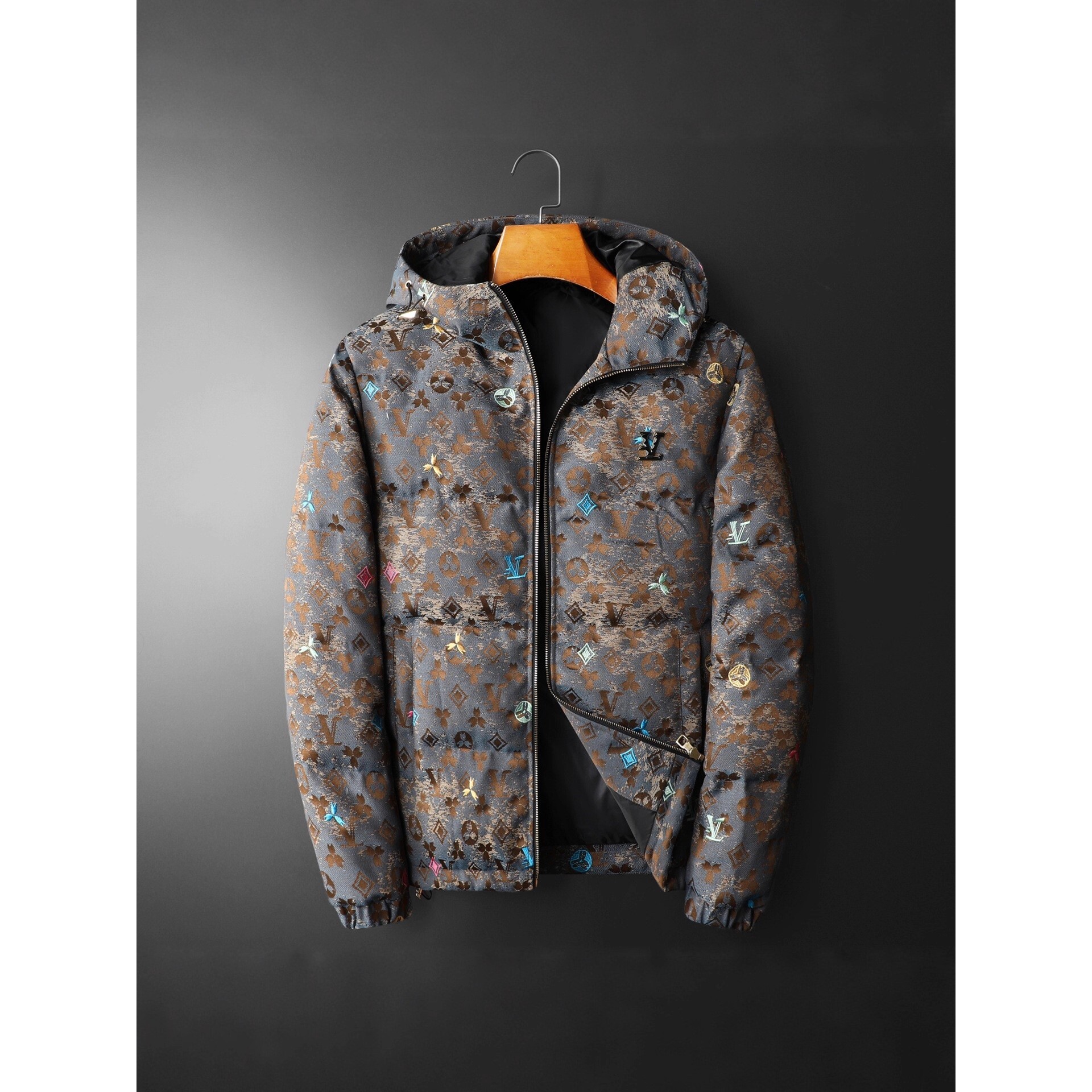 欧货AN&LV/岸绿欧洲站2025冬季新款男士连帽羽绒服高品质迷彩提花